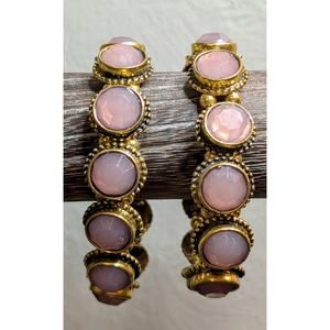 Two Antiqued Gold Tone Bezel Set Faceted Rose Round Glass Bead Stretch Bracelets